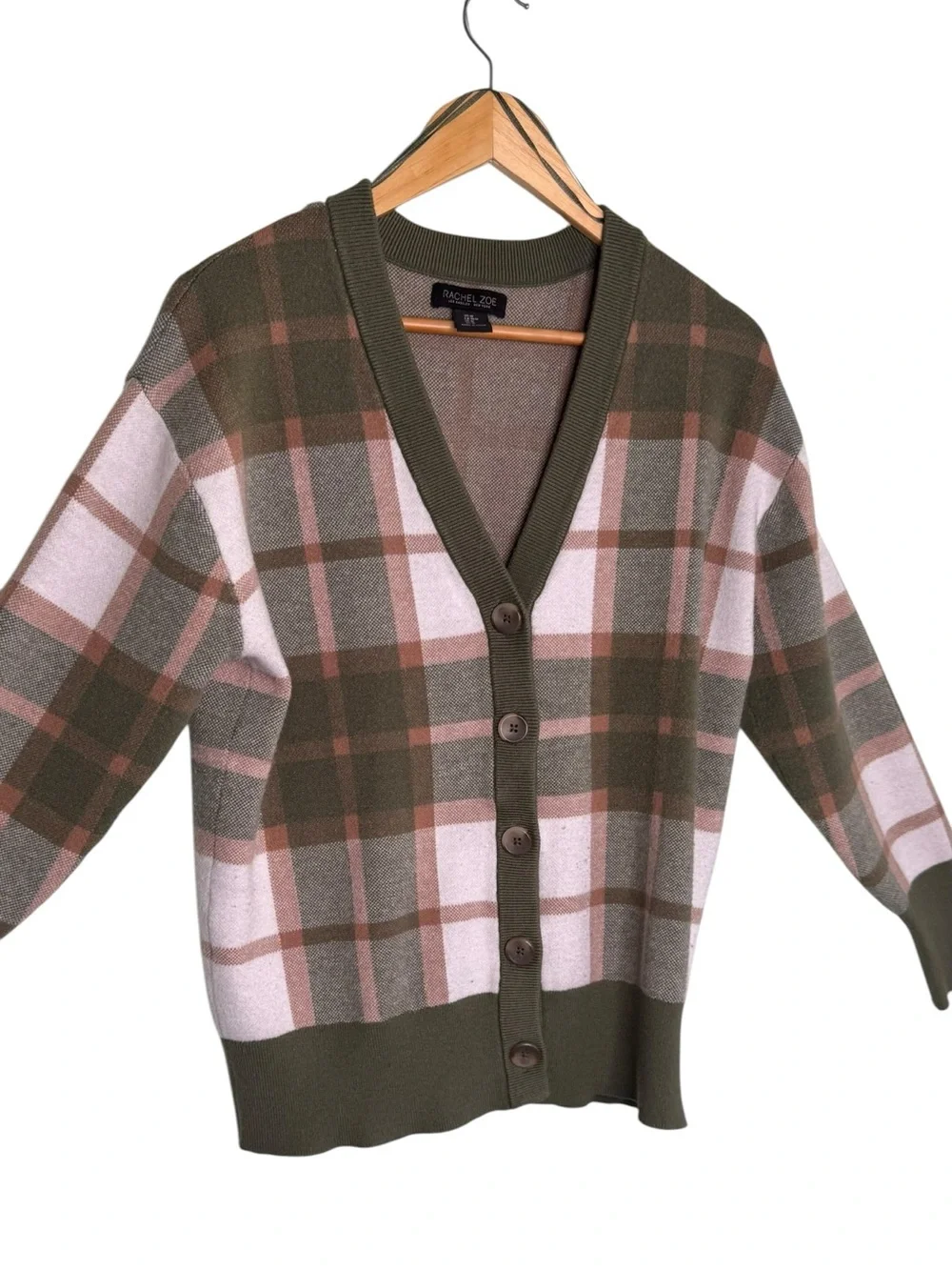 Rachel Zoe Plaid V-Neck Soft Knit Cardigan Olive Green Tan Medium
